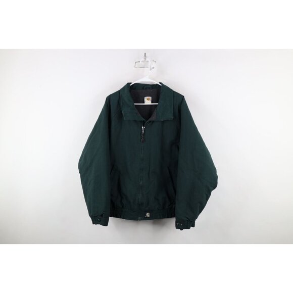 Vtg 90s Carhartt Mens 2XL Spell Out Fleece Lined Full Zip Bomber Jacket Green